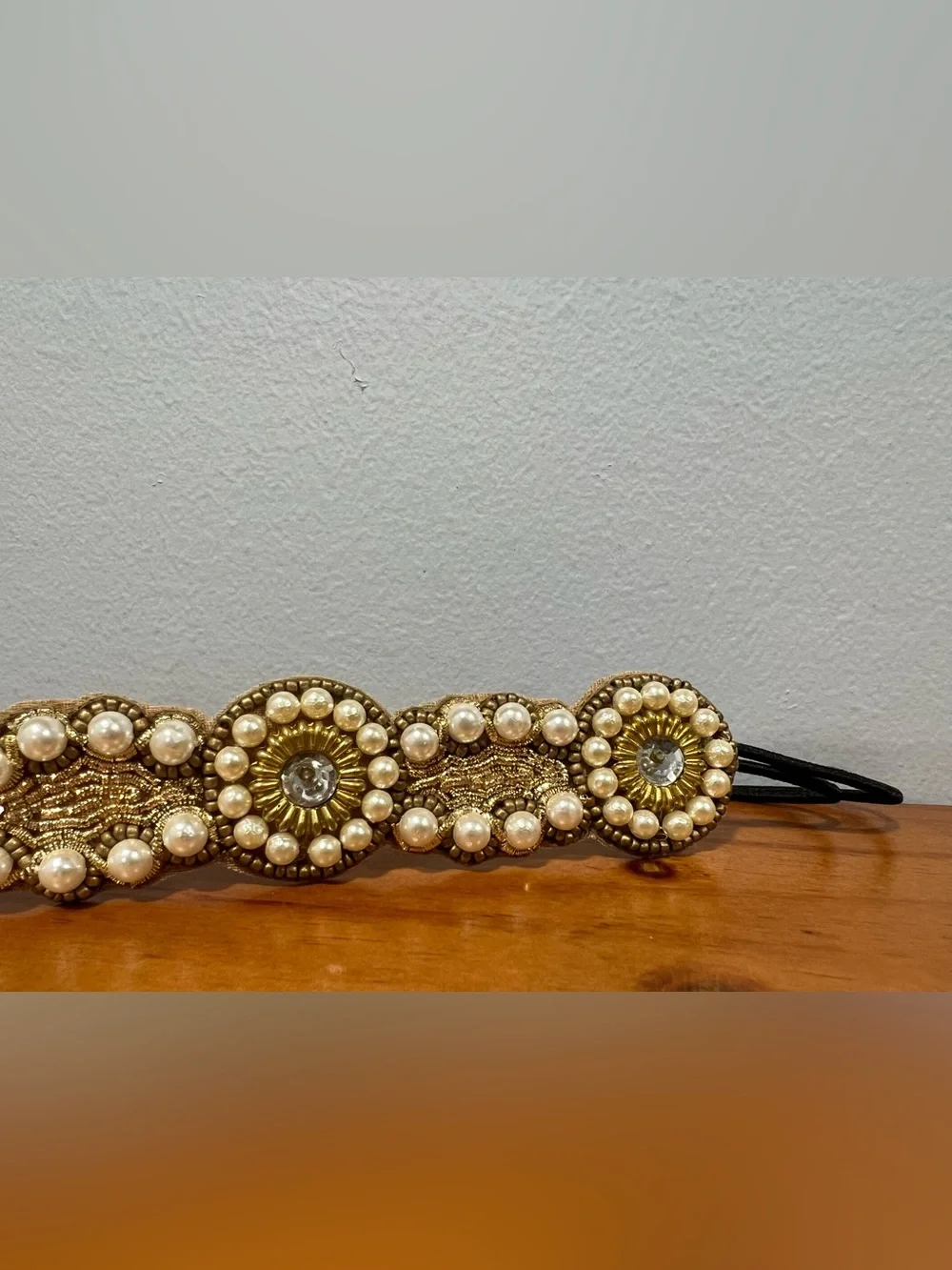 DEEPA GURNANI NWT Beaded Pearl Embellished Boho Stretch Leather Lined Headband